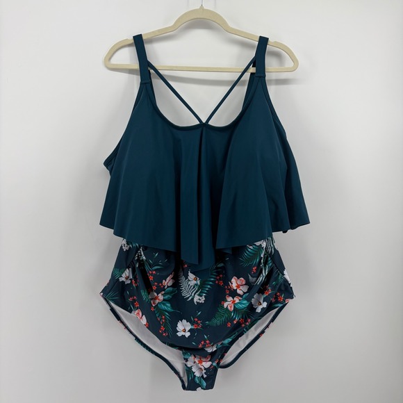 BloomChic Other - Bloomchic Size 22-24 Teal Blue Floral One Piece Swimsuit Flounce Ruched Overlay